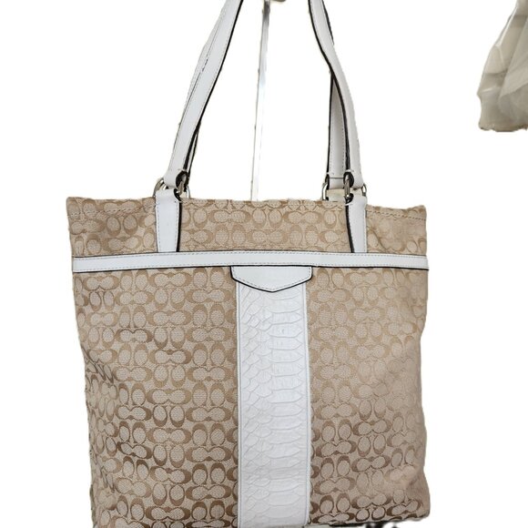 Coach Striped Signatue Reptile Khaki Satchel Purse - Picture 2 of 14